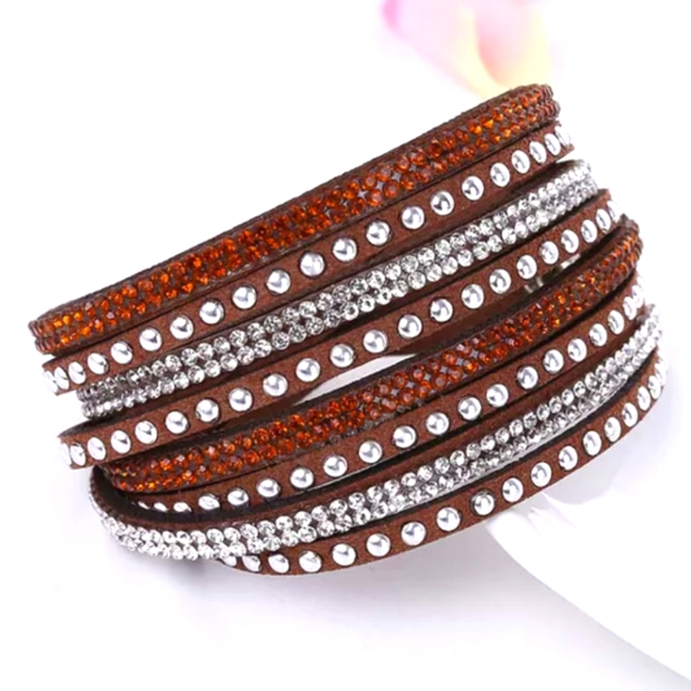 B39 Double Wrap Rhinestone Bracelet Brown Silver Blingy New Sparkly